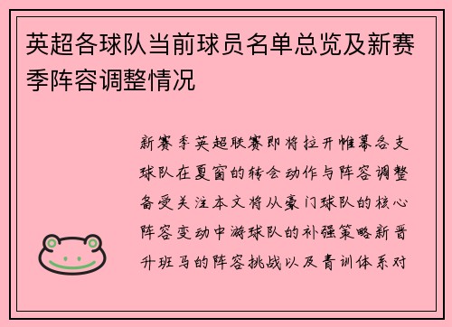 英超各球队当前球员名单总览及新赛季阵容调整情况